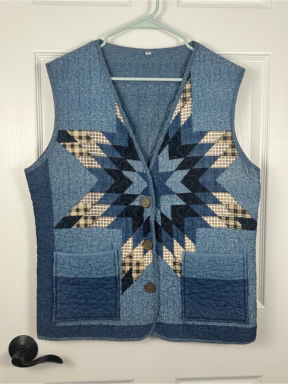 Handmade Blue Quilt Vest Sweater Women’s Unisex Medium